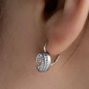 Matte Bezel Oval Cut Lab Diamond Dangle Earrings with Lab Blue Sapphire Hidden Halo - LGG Jewelry